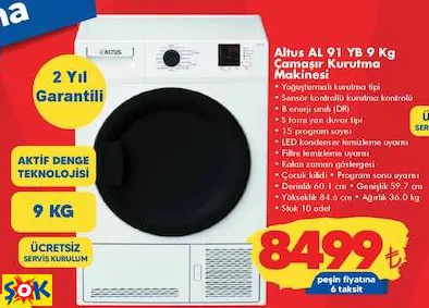 ALTUS AL 91 YB 9 KG ÇAMAŞIR KURUTMA MAKİNESİ ALTUS AL 91 YB 9 KG ÇAMAŞIR KURUTMA MAKİNESİ